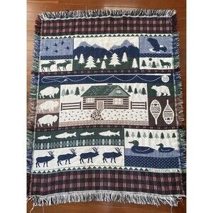 Crown Craft Tapestry Cotton Throw Blanket Cabin Outdoors Fishing Country Cottage